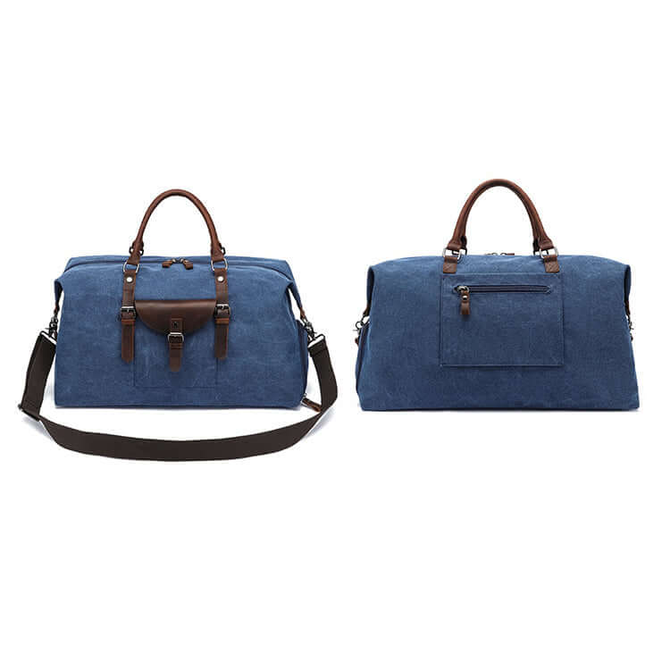 Blue duffle bag with brown handles and straps front and back