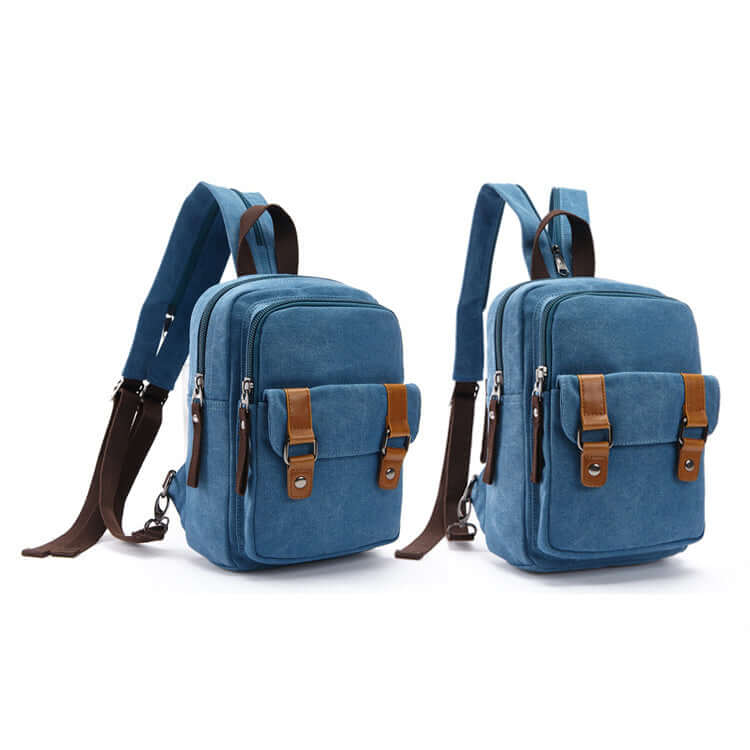 Canvas backpacks shown in two strap configurations