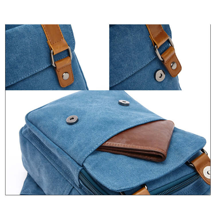 Close-up of front pocket with buckles on blue canvas backpack