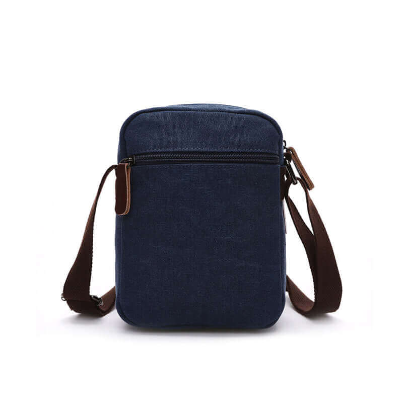 Back view of the blue canvas small bag.