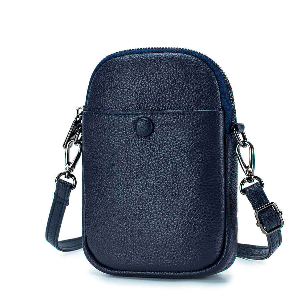 Blue genuine leather phone bag for women with a compact and elegant design.