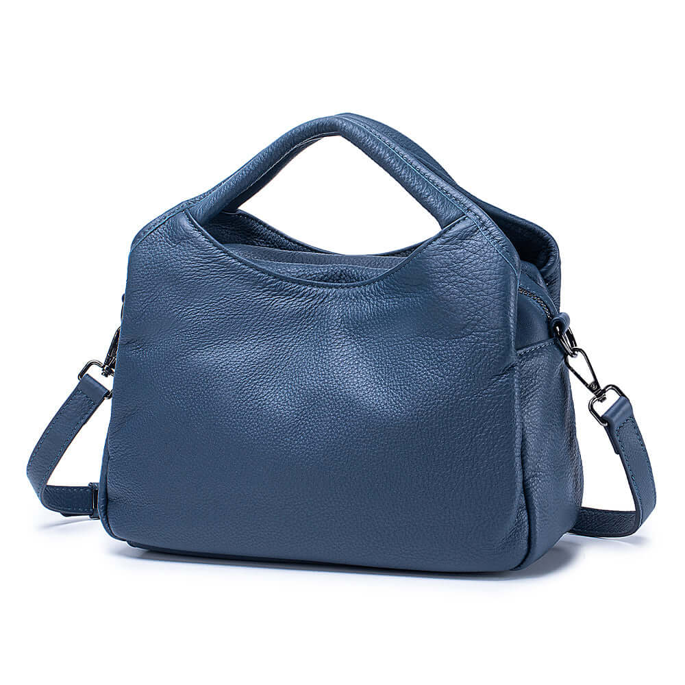 Blue leather handbag with a shoulder strap