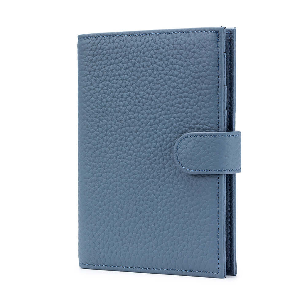 Genuine leather passport wallet in blue.