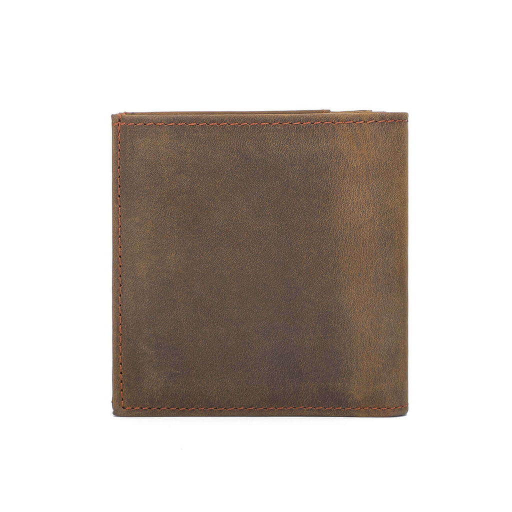 Back view of the brown leather wallet.