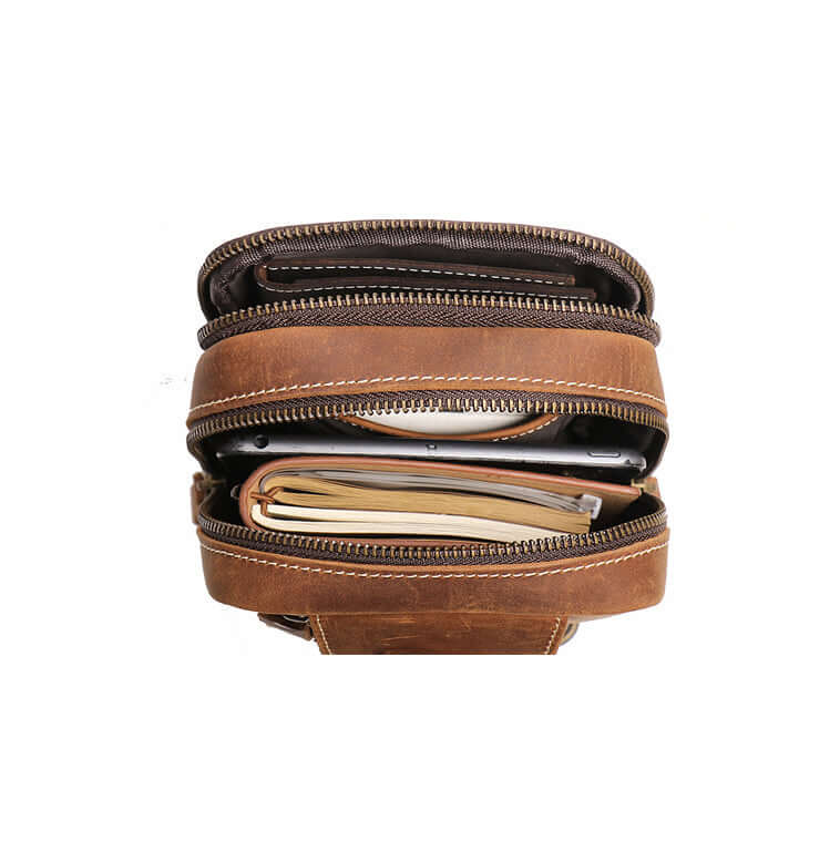 Brown leather multi-compartment pouch with zippers