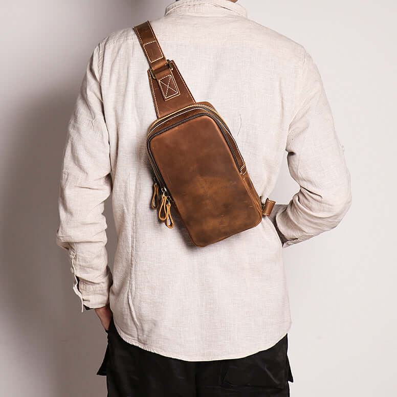 Brown leather crossbody chest bag for casual daily use
