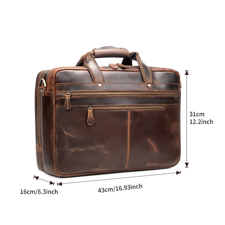 Brown leather briefcase with measurements