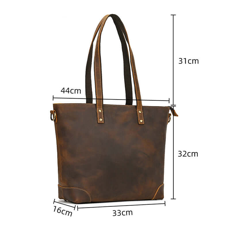 Brown leather tote bag with measurements