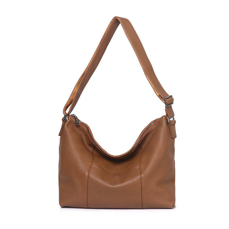 Front view of brown leather shoulder bag for women.