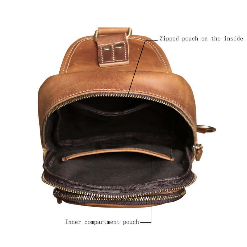 Brown leather backpack with zipped compartments