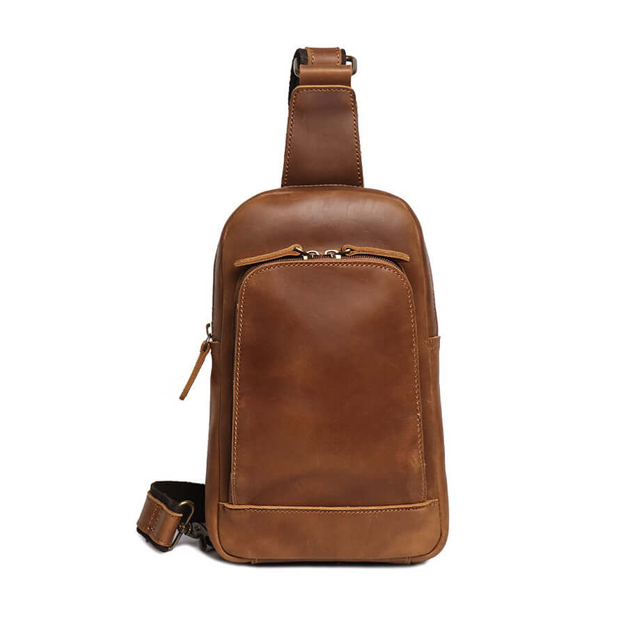 Front view of vintage leather sling bag