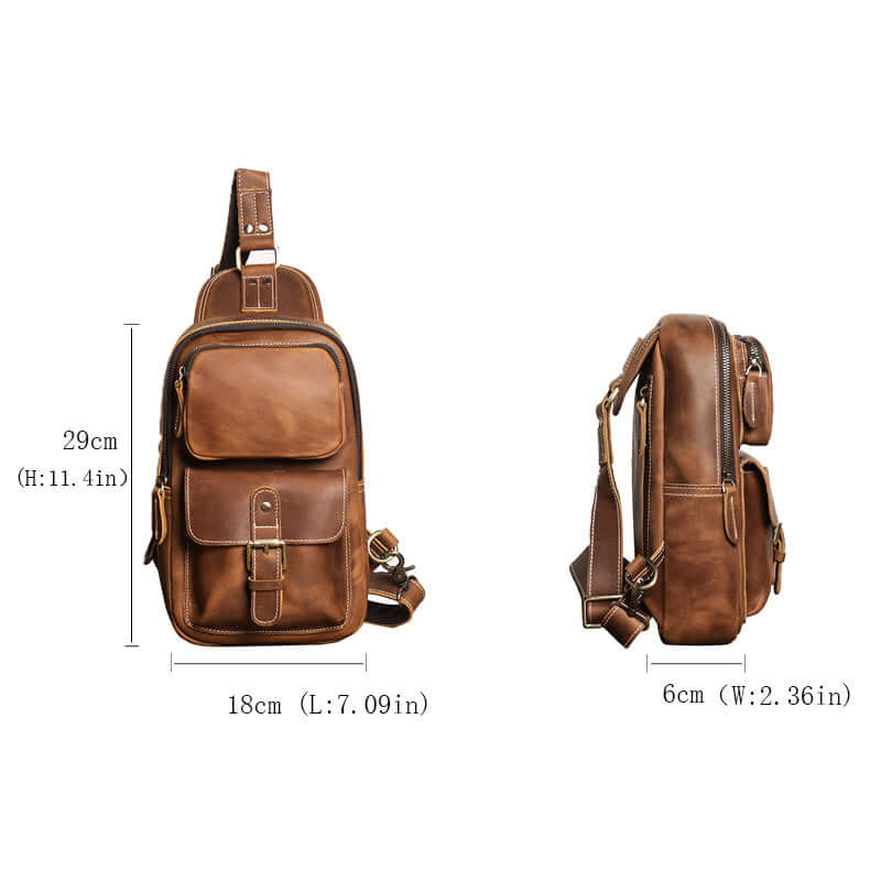 Brown leather sling bag with measurements