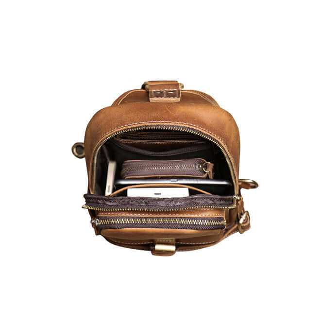Brown leather bag with open compartments