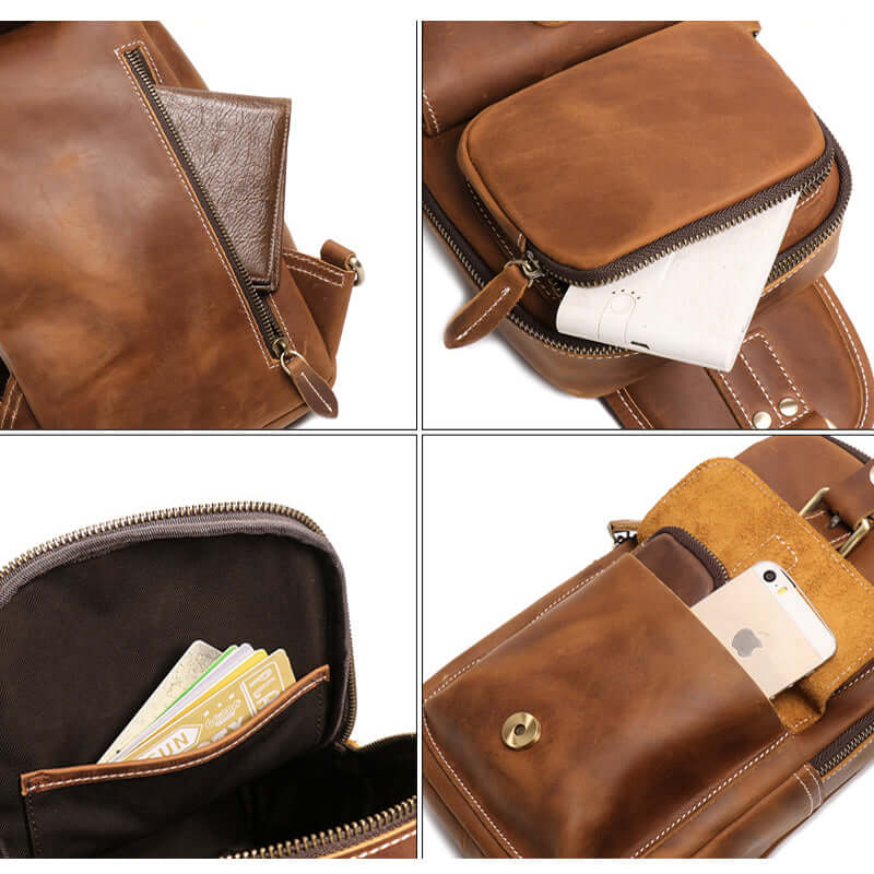 Brown leather bag with multiple compartments and pockets