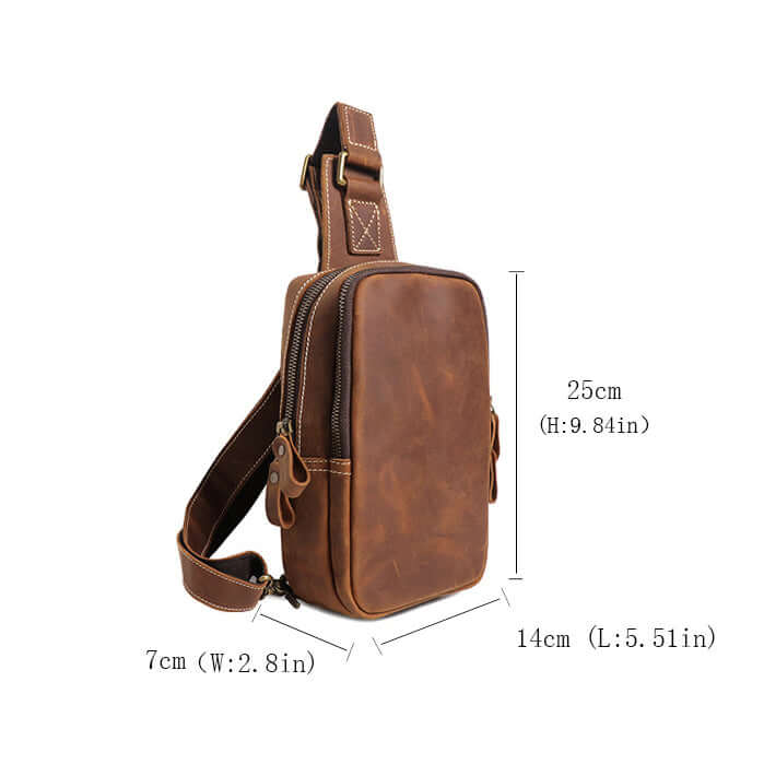 Brown leather sling bag with measurements