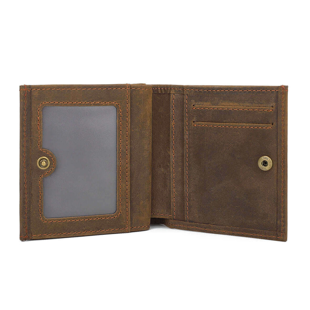  Open view of the brown leather wallet. 