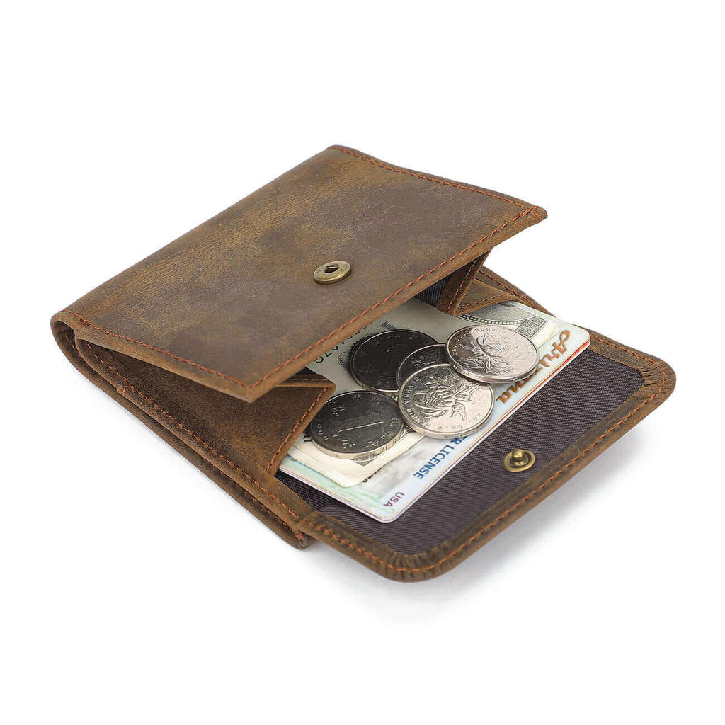 Open view of the brown RFID leather wallet.