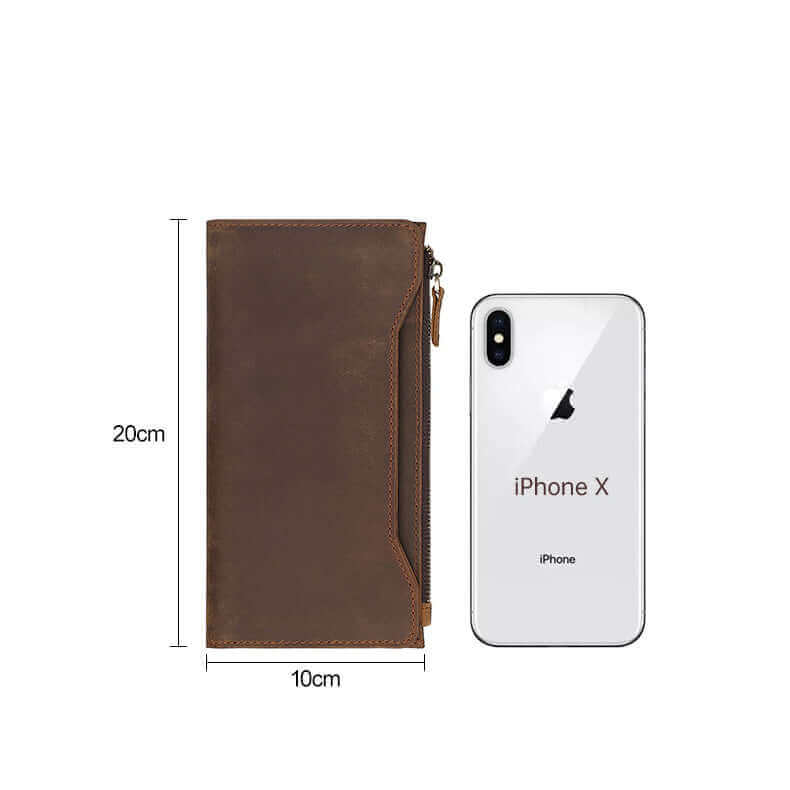 Brown genuine leather wallet size display.