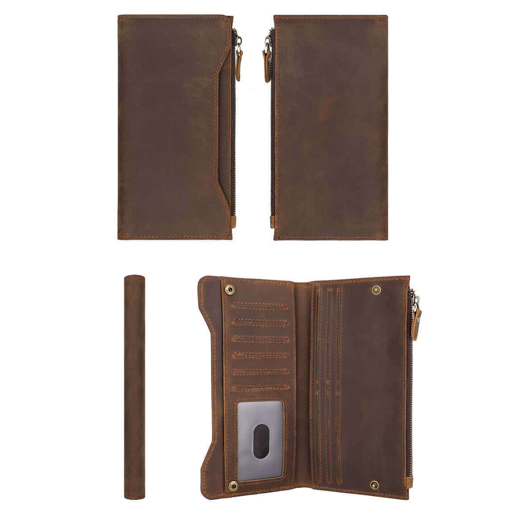 Brown genuine leather wallet from all angles.