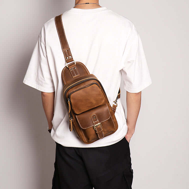 Brown sling bag made of Crazy Horse leather