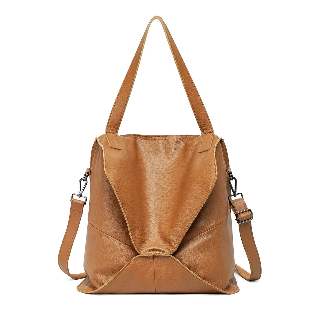 Front view of large soft leather tote bag