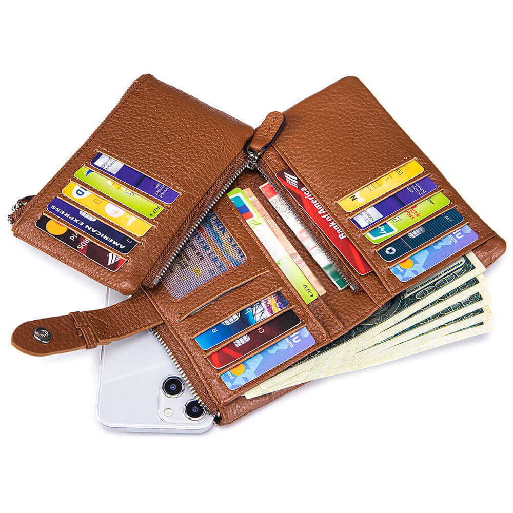 Brown wallet with multiple card slots and cash compartments