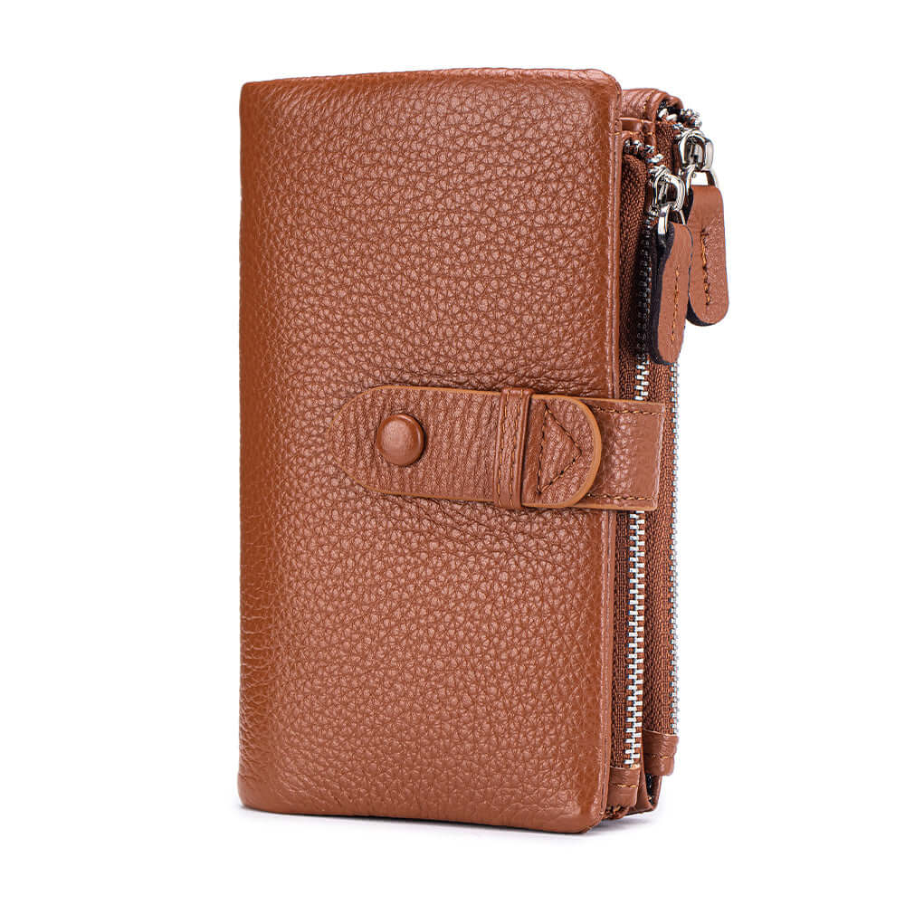 Brown leather wallet with a zipper