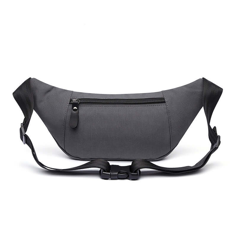 Rear view of men’s grey waist bag with back zipper compartment.
