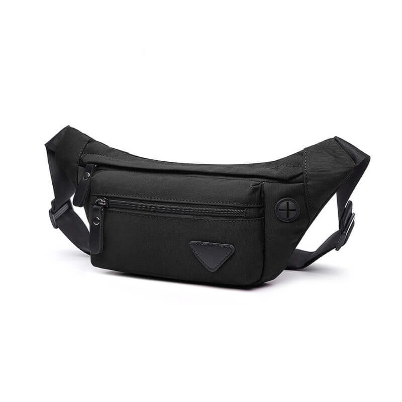 Men’s waterproof bum bag in black, front view with zip pockets.