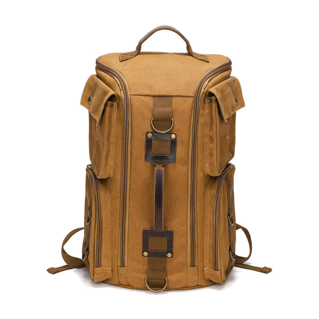 Front view of brown canvas backpack with leather accents