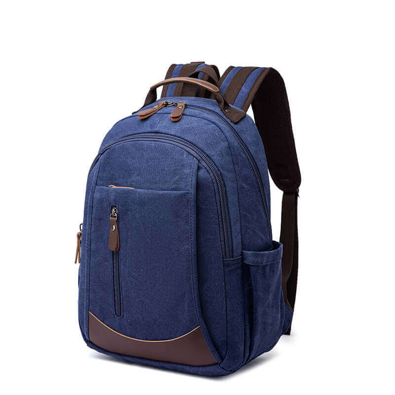 Canvas backpack with a 15.6-inch laptop compartment and PU leather details.