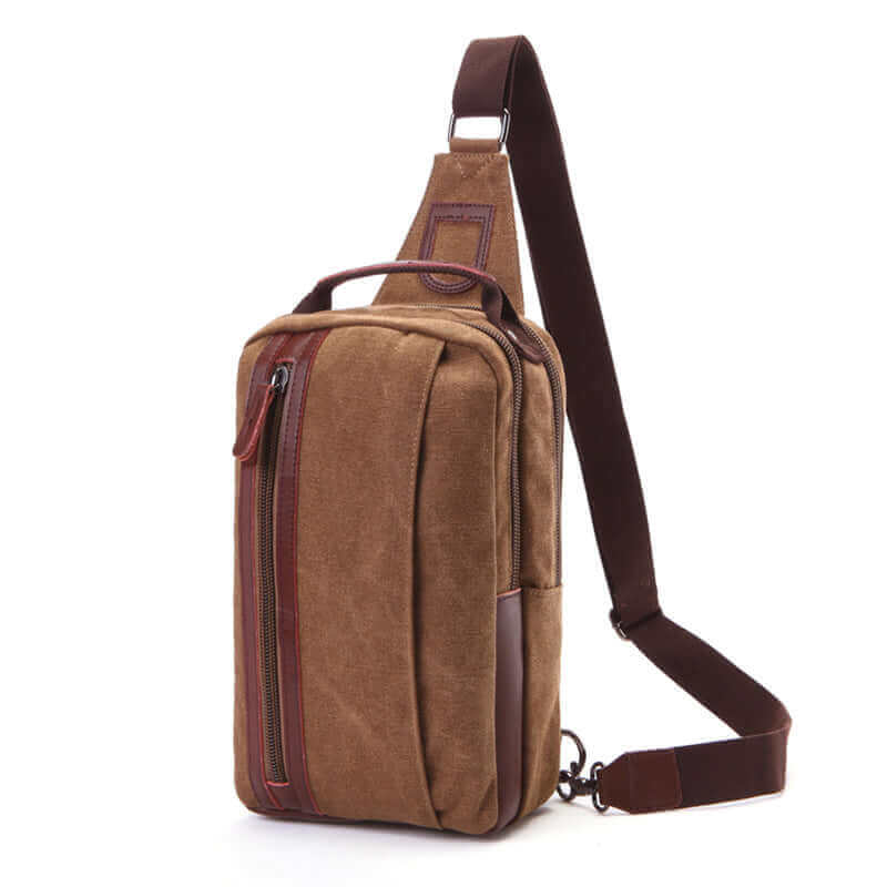 Canvas chest sling bag perfect for everyday use and travel, featuring multiple pockets.