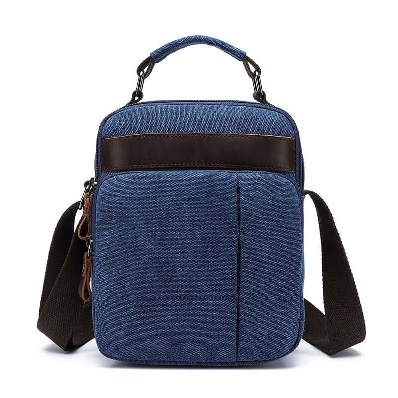 Blue canvas crossbody bag front view