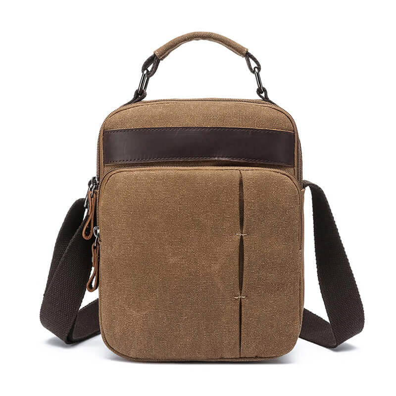 Coffee brown canvas crossbody bag front view