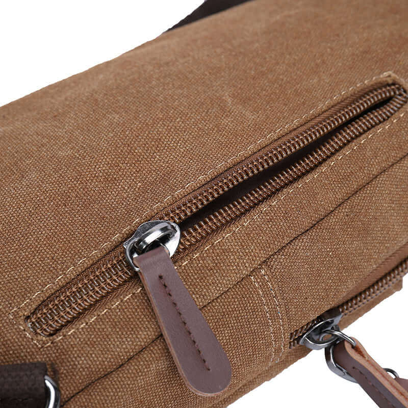 Details of the coffee canvas crossbody sling bag.