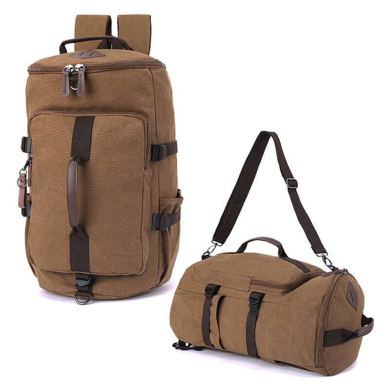 Coffee canvas duffle backpack with convertible design and adjustable straps.