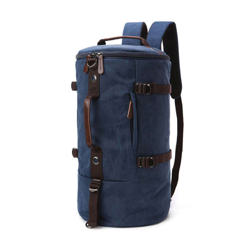 Canvas duffle bag backpack for travel, featuring adjustable shoulder straps.