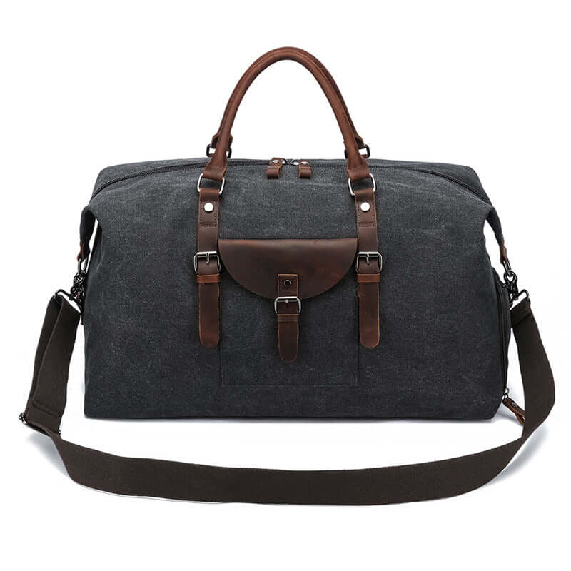 Black canvas duffle bag front view