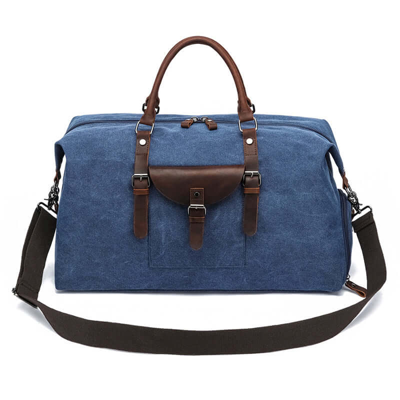Blue canvas travel bag front angle