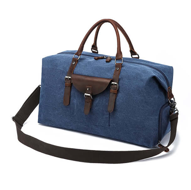 Blue duffle with crossbody strap option