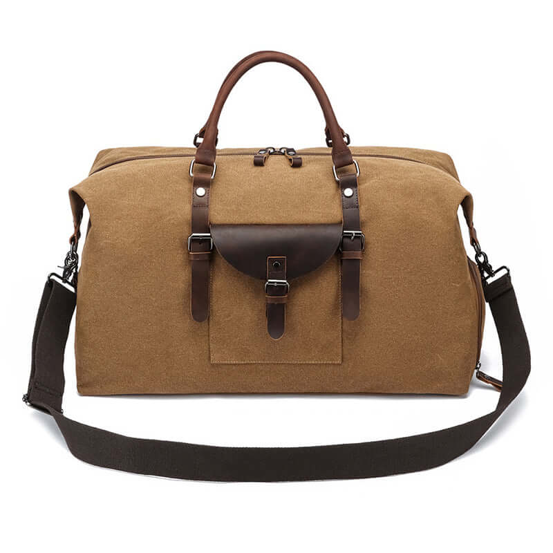 Coffee brown canvas duffle front view
