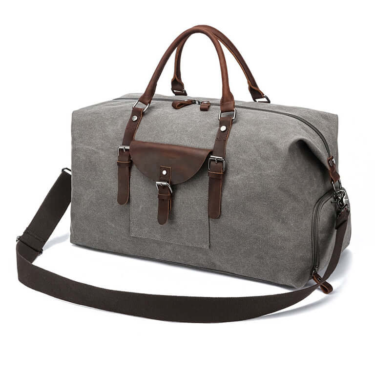 Grey canvas duffle bag in daily use