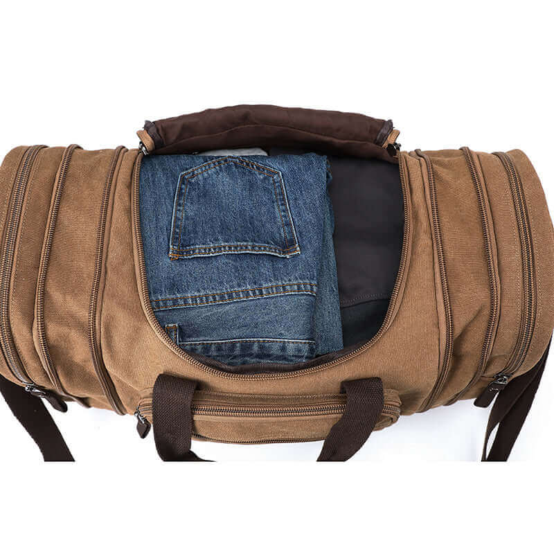 Open view of the canvas duffle bag.