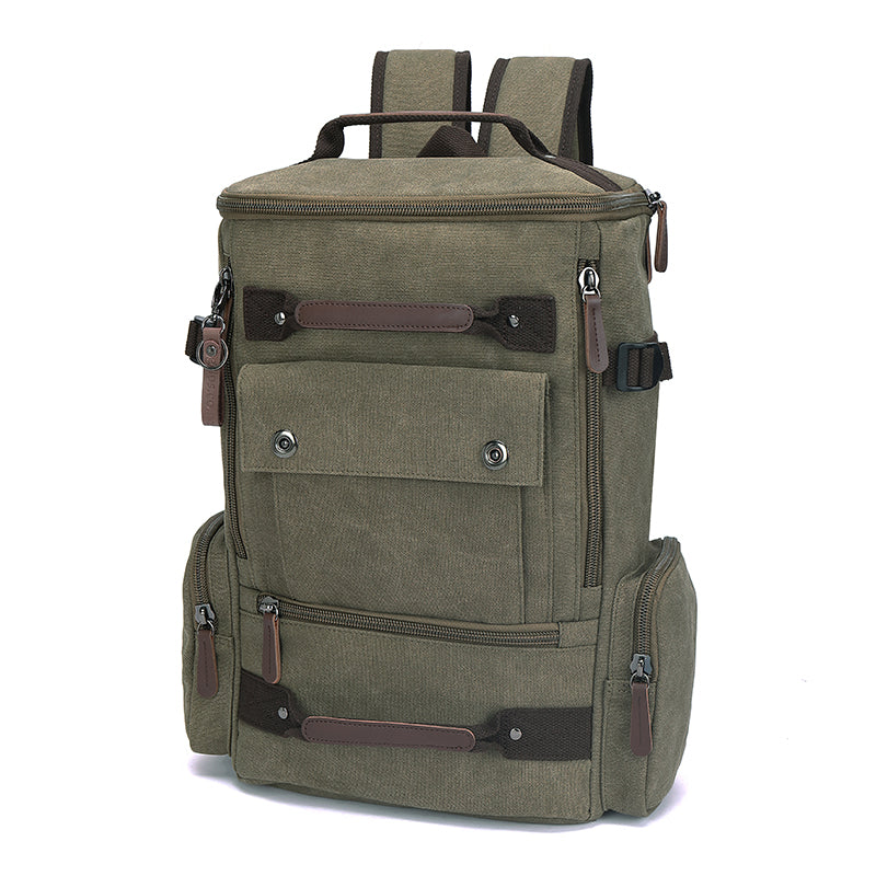 Canvas laptop backpack featuring multiple zippered pockets for organized storage.