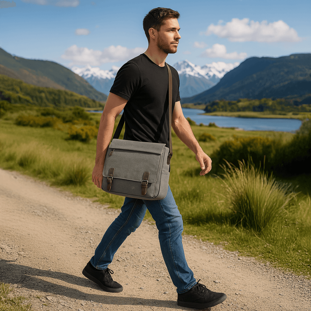 Stylish crossbody canvas bag fitting 15 inch laptops.