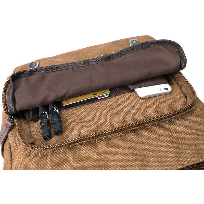 Details of the canvas messenger bag.