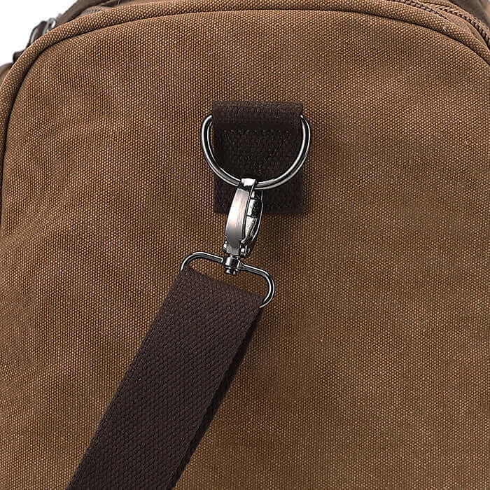 Details of the canvas travel overnight bag.