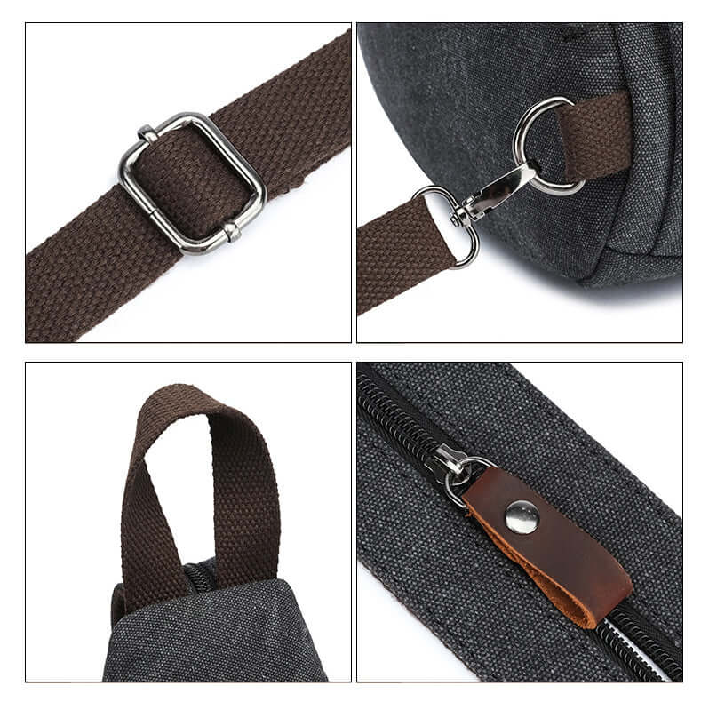 Close-up of shoulder strap detail on canvas sling backpack