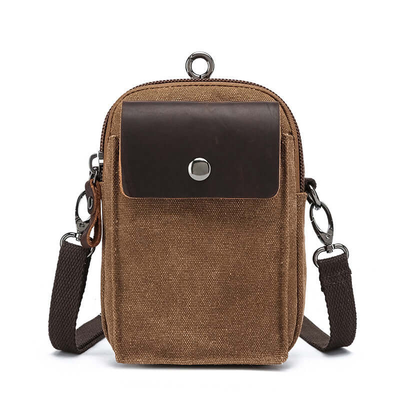 Coffee brown canvas small crossbody bag with leather pocket