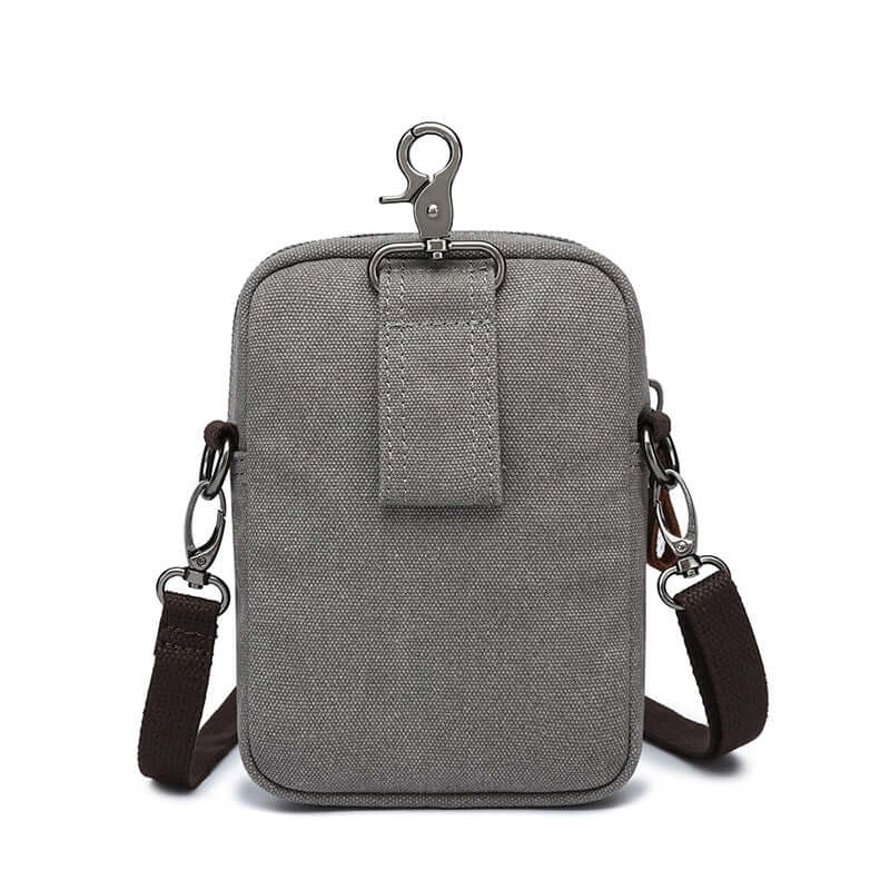 Grey canvas crossbody bag back view with belt loop